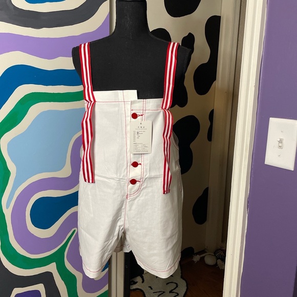 Pants - White & Red Overalls